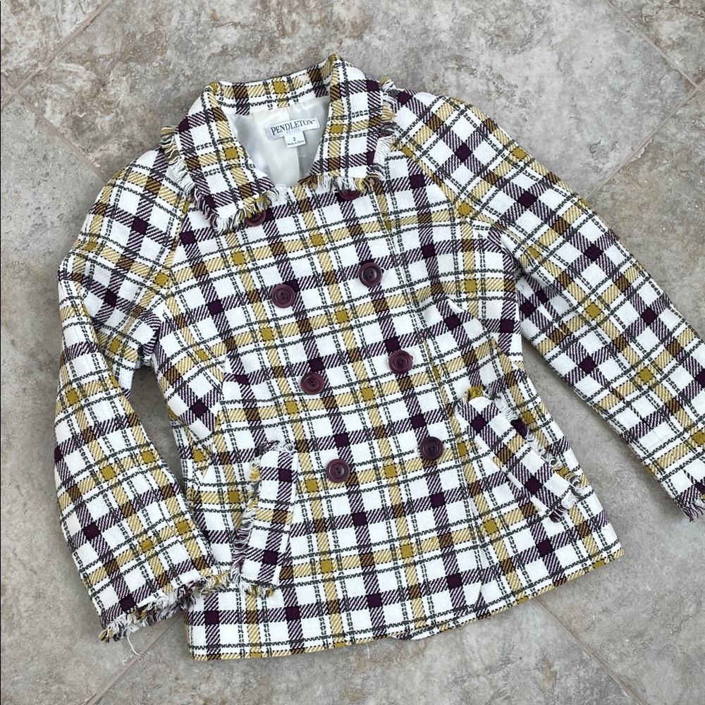 Pendleton Women's Plaid Pea Coat - White, Yellow, Purple